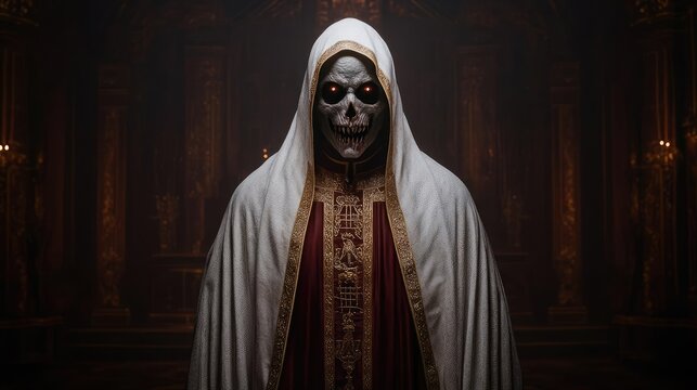 A demonic figure covered in the guise of a holy priest, presenting a sacred riddle that leads to corruption, deception hidden in plain sight, a dark temple scene