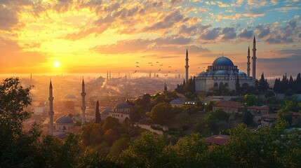 Naklejka premium Breathtaking sunrise over a historic cityscape featuring iconic architecture, lush greenery, and vibrant sky colors.