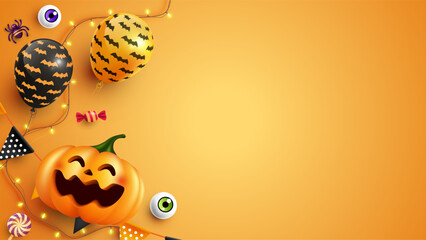 Halloween background with jack-o'-lantern, balloons, candy, and party decorations. Orange backdrop with copy space.