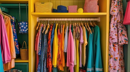 Brightly organized wardrobe showcasing a vibrant array of clothing and accessories, perfect for fashion and interior design inspiration.