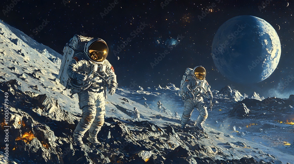 Wall mural astronauts exploring an asteroid 3d rendering.