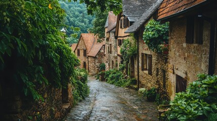 Charming village street lined with lush greenery and historic stone houses, inviting exploration and tranquility.