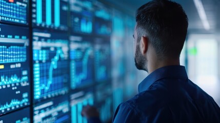 A man reviews financial data and graphs displayed on large digital screens in a modern office environment, representing data analysis and business strategy.