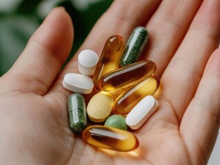 Hand holding various dietary supplements and vitamins, emphasizing health and wellness.
