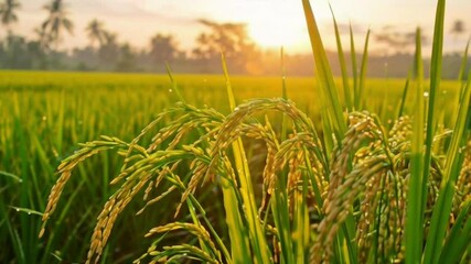 Bright green rice fields at sunset, showcasing the beauty of nature and agriculture with a beautiful rural landscape