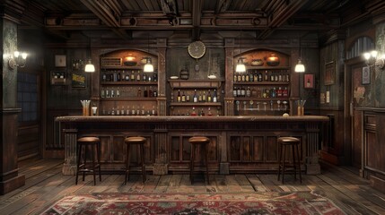 Vintage Bar Interior Design - Rustic Wooden Counter and Stools