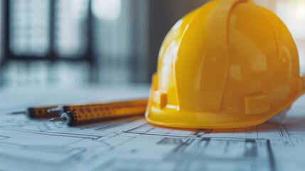 A yellow hard hat sits alongside measuring tools on architectural blueprints, symbolizing construction, planning, and engineering work in progress.
