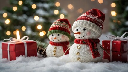 Fototapeta premium Winter celebration, Christmas celebration, snowman and gift boxes, dreamy mood, with Christmas tree as background, bokeh light from orange lights.