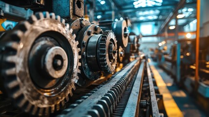 Close-up of industrial gears and machinery in a factory setting, showcasing mechanical precision and engineering design.