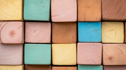 Fototapeta premium An aged art architecture texture abstract block stack on a wall is used for the backdrop, along with an abstract colorful wood texture.