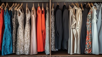 Colorful collection of dresses hanging in a stylish wardrobe showcasing fashion and elegance for various occasions.