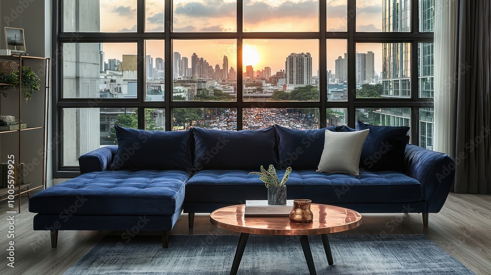 Wall mural minimalist living room with a navy blue velvet sofa, a low-profile copper coffee table, and wide win