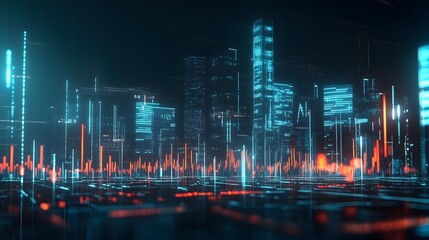 Fototapeta premium Innovative holographic trading app with glowing financial graphs and charts set against a dynamic city skyline in a sleek tech driven design