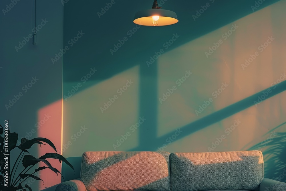 Poster A couch with a lamp on it and a plant in the background. The couch is covered in a floral pattern