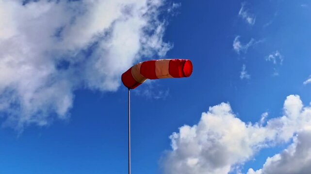 leicht im Wind wehende rot-wei&szlig;er Windsack vor blauem leicht bew&ouml;lkten blauem Himmel, Windrichtung, Windgeschwindigkeit, Wetter, Wetterbericht, Luftfahrt, Windrichtungsmesser