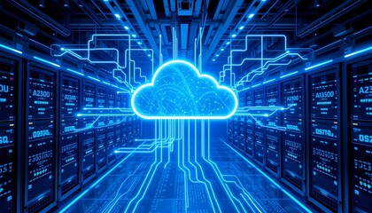 Fototapeta premium Neon Blue Cloud Computing Concept with Floating Servers and Cyber Data Streams