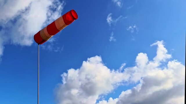 leicht im Wind wehende rot-wei&szlig;er Windsack vor blauem leicht bew&ouml;lkten blauem Himmel, Windrichtung, Windgeschwindigkeit, Wetter, Wetterbericht, Luftfahrt, Windrichtungsmesser