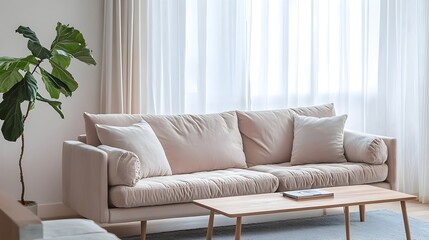 Cozy and inviting pastel toned living room interior featuring a plush velvet sofa a lush fiddle leaf fig plant a minimalist wooden coffee table and natural light filtering through sheer curtains