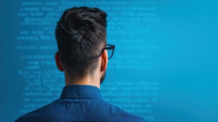 Back view of a programmer wearing glasses, focused on analyzing and debugging code displayed on a blue screen, symbolizing software development.