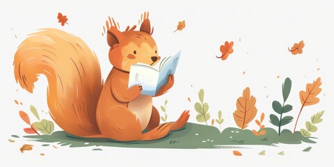 Adorable illustration of a squirrel reading a book surrounded by autumn leaves and plants, perfect for children's books and educational materials.
