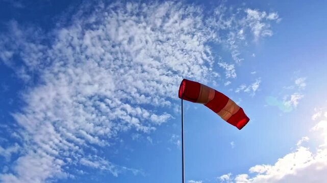 leicht im Wind wehende rot-wei&szlig;er Windsack vor blauem leicht bew&ouml;lkten blauem Himmel, Windrichtung, Windgeschwindigkeit, Wetter, Wetterbericht, Luftfahrt, Windrichtungsmesser