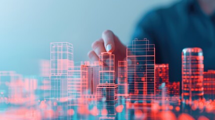 Fototapeta premium A hand interacts with a glowing digital city model hologram, representing smart city planning, futuristic technology, and urban development.