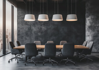 Modern conference room interior with black and gray concrete walls, large windows overlooking the city