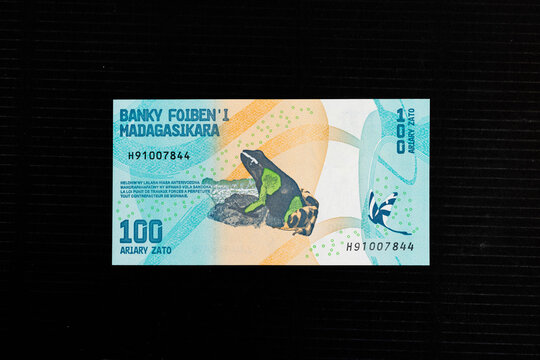 A 100 ariary banknote from Madagascar with an image of a Mantella Baroni frog