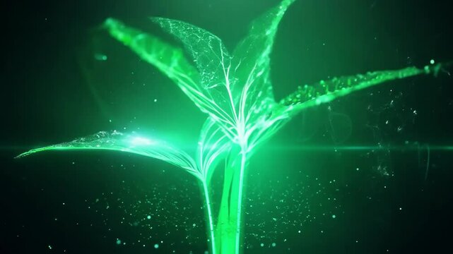 Digital elements and particles over green plant shoot. Ecology, environment, green energy, biotechnology concept. Ai-generated.