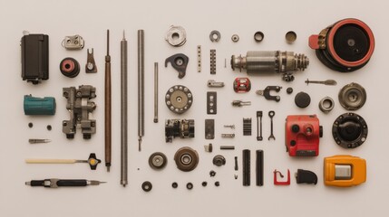 A detailed flat lay of various mechanical components and tools, perfect for automotive or engineering projects.