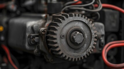 Fototapeta premium Close-up view of a mechanical gear with a rugged surface, showcasing the intricate details of engine components and wiring.