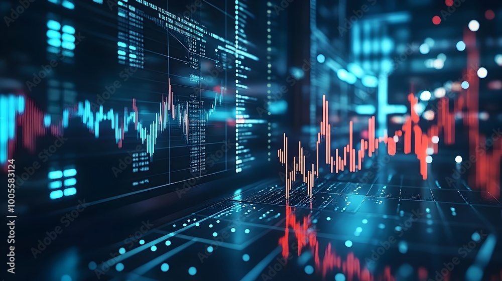 Poster futuristic holographic exchange trading floor with virtual financial data visualizations and graphs 