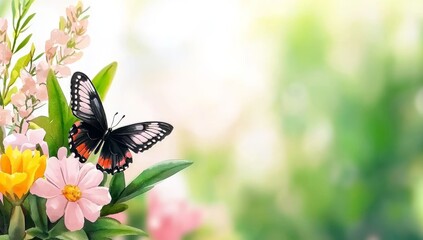 Fototapeta premium The seamless pattern of watercolor florals with colorful wildflowers, leaves, plants and flying butterflies is arranged horizontally in a vintage style background.