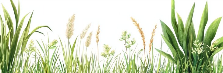 A seamless horizontal pattern of different types of field herbs, ideal for postcards, banners, textiles, and wallpapers.