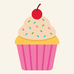Charming Vector Design Featuring a Frosted Cupcake with Creamy Icing and Festive Decorations
