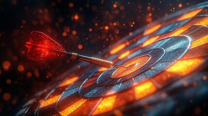 Dart Hitting the Bullseye on Glowing Target Board with Neon Orange Lights
