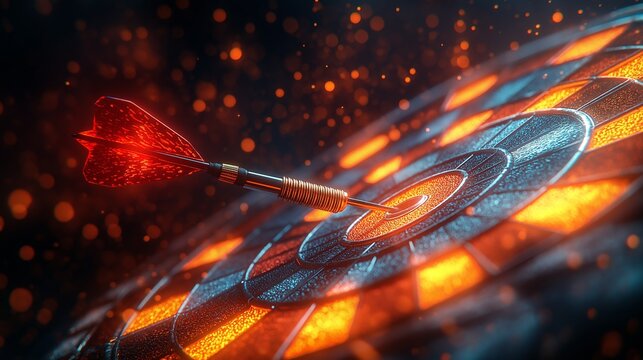 Dart Hitting the Bullseye on Glowing Target Board with Neon Orange Lights