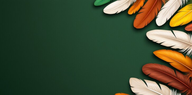 Composition of feathers on a dark green textured background. Murali art print for interiors.
