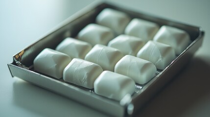 Delicate white sweet treats arranged neatly in a silver box, perfect for celebrations and dessert lovers.