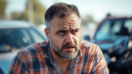Fototapeta premium A concerned man with a beard in casual attire, sitting outdoors near parked cars.