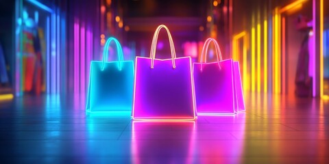 Three neon bags are lit up in a neon hallway