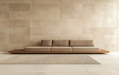 Contemporary living room with a minimalistic beige sofa and textured walls highlighted by soft lighting in a modern interior setting