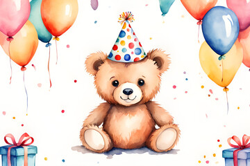 teddy bear with balloons, birthday party, watercolor paintigd