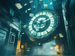 Naklejka premium A massive clock, with the numbers flipping to reveal falling currency symbols instead of time