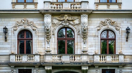 Elegant architectural detail of a historical building featuring ornate windows and decorative elements.