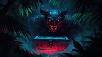 A grand treasure chest that disappears upon opening, guarded by a smirking demon, trickery woven into the air, a fantasy scene of concealed danger