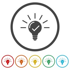 Done bulb idea icon. Set icons in color circle buttons