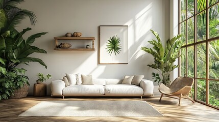 A white living room interior featuring a sofa and armchair, with a shelf displaying artistic decorations and a carpet on a hardwood floor.
