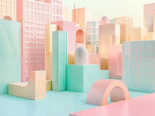 Naklejka premium A pastel-colored abstract cityscape with geometric buildings in soft shades of pink, blue, and yellow. The whimsical design uses smooth curves and arches to create a dreamlike architectural landscape.