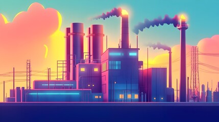 Compact and Cartoon Style Power Plant with Vibrant Geometric Shapes Sleek Machinery and Whimsical Architectural Elements  Retro Futuristic with High Contrast Palette and Simplistic Urban Landscape